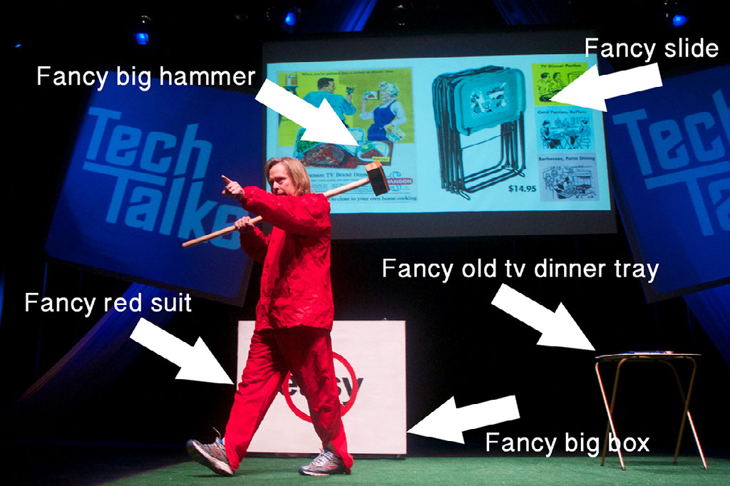 Mr conaway's presentation. shows "Fancy hammer", "Fancy Slide", "Fancy red suit", "Fancy tf dinner tray", and "Fancy box"